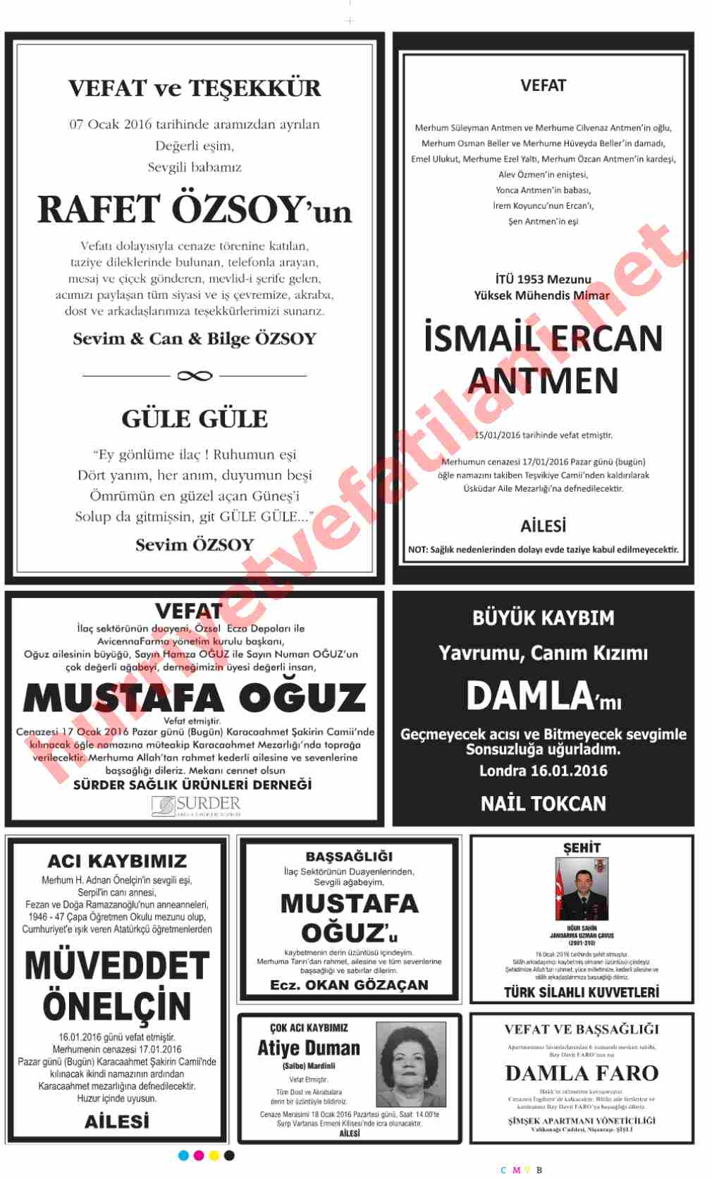17 Ocak 2016 Pazar Günü Hürriyet Gazetesinde Yayınlanmış Vefat İlanları Sayfası