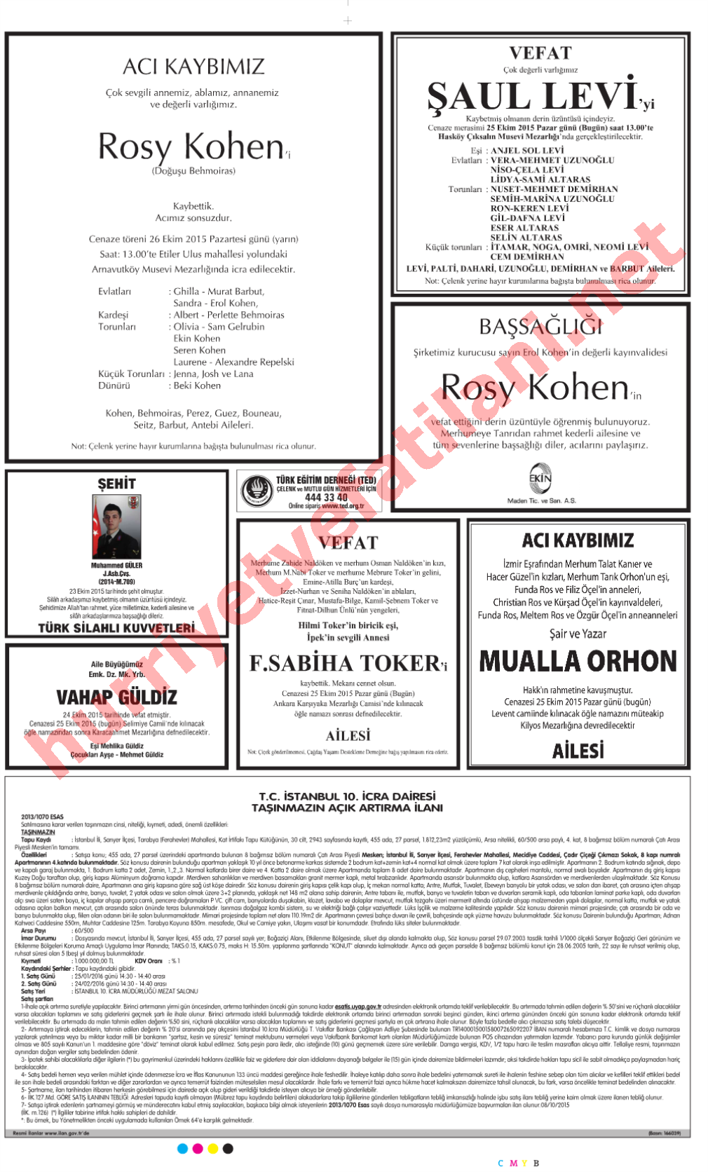 25 Ekim 2015 Hürriyet Gazetesinde Yayınlanmış Vefat İlanları Sayfası