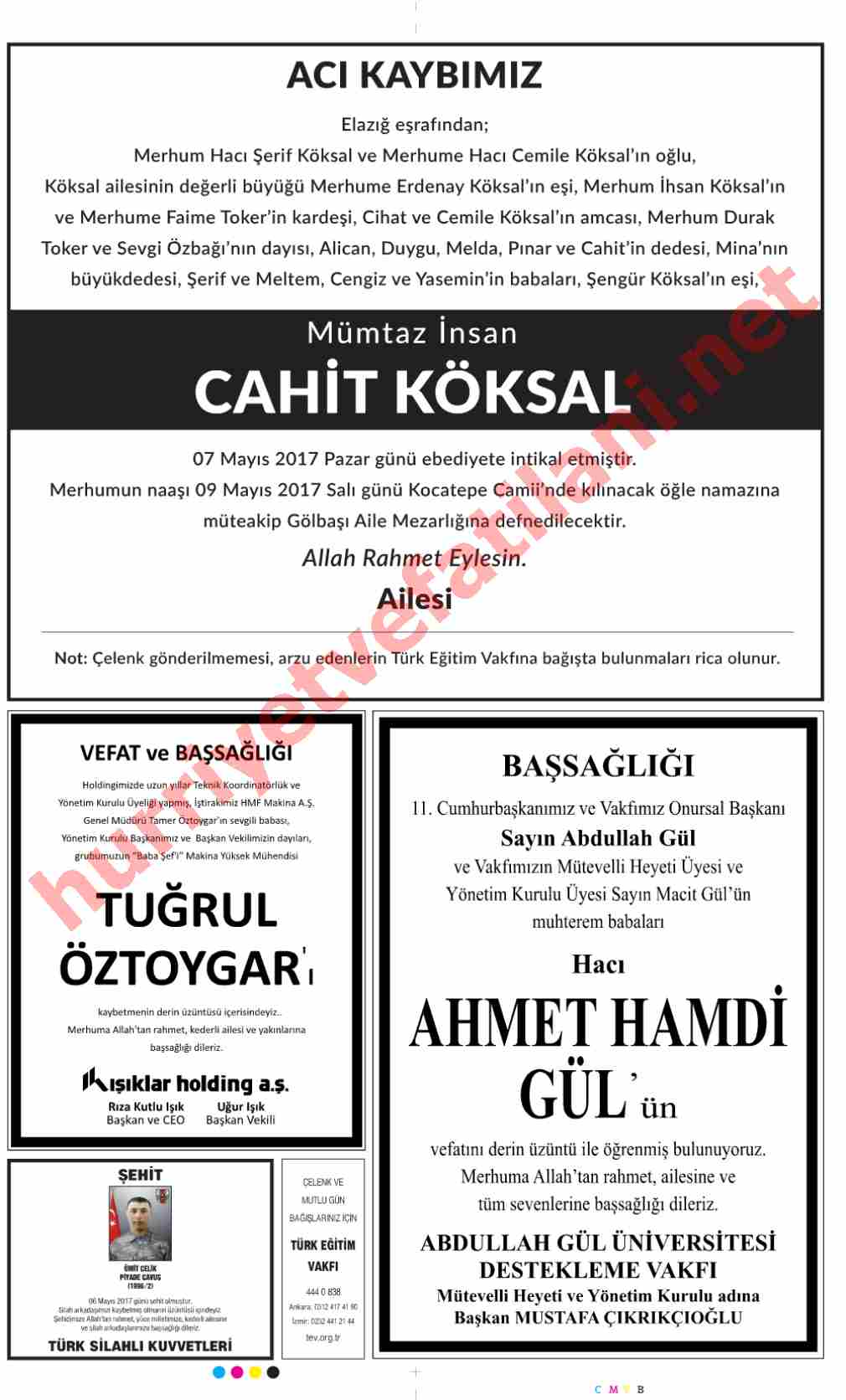 08 Mayıs 2017 Pazartesi Günü Hürriyet Gazetesinde Yayınlanmış Vefat İlanları Sayfası