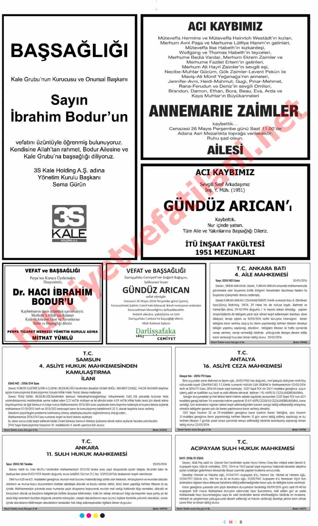 25 Mayıs 2016 Çarşamba Günü Hürriyet Gazetesinde Yayınlanmış Vefat İlanları Sayfası
