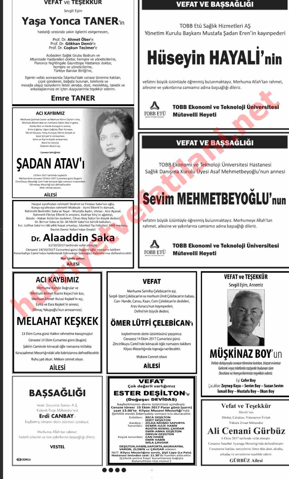 14 Ekim 2017 Hürriyet Gazetesinde Yayınlanmış Vefat İlanları Sayfası