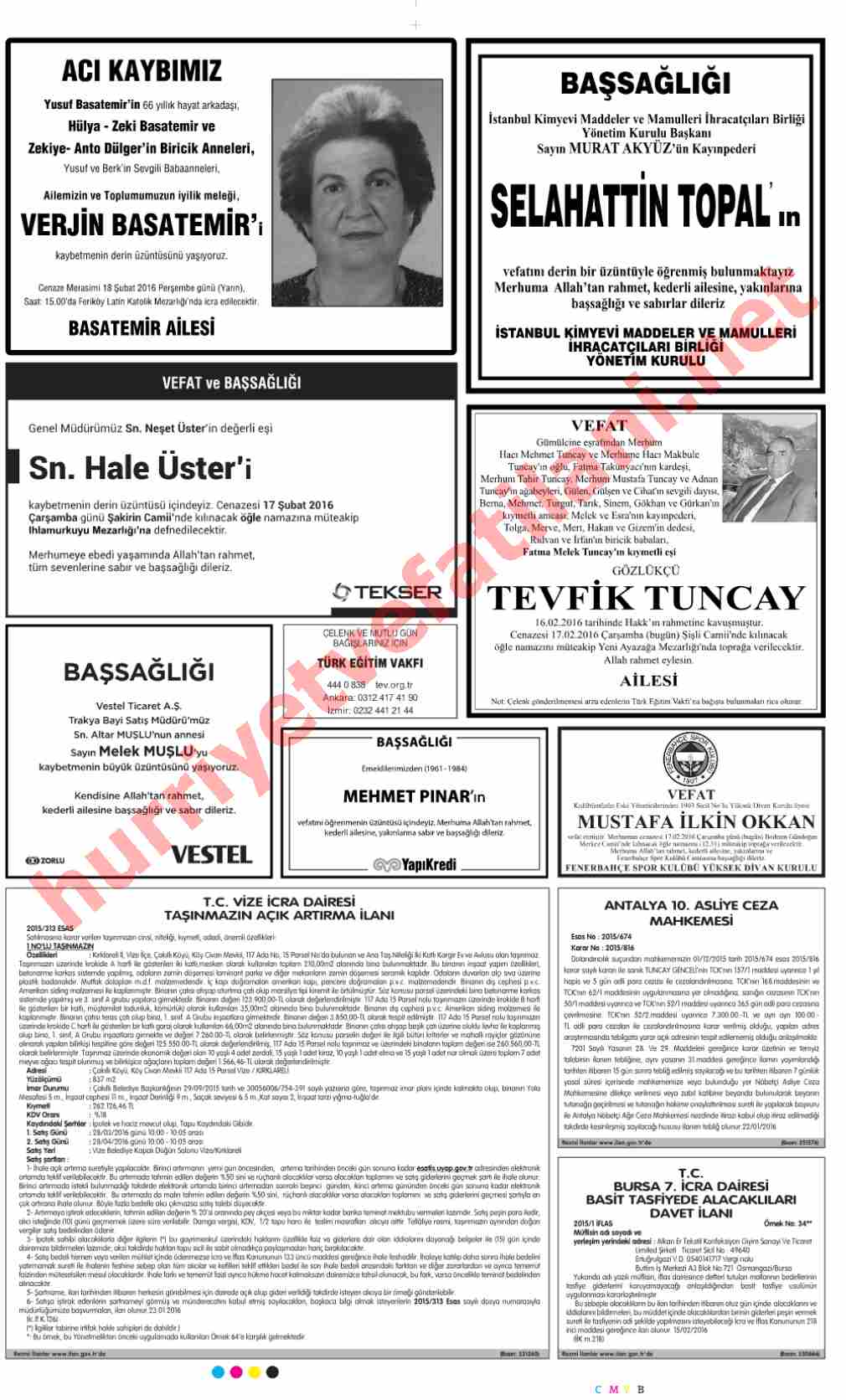 17 Şubat 2016 Hürriyet Gazetesinde Yayınlanmış Vefat İlanları Sayfası