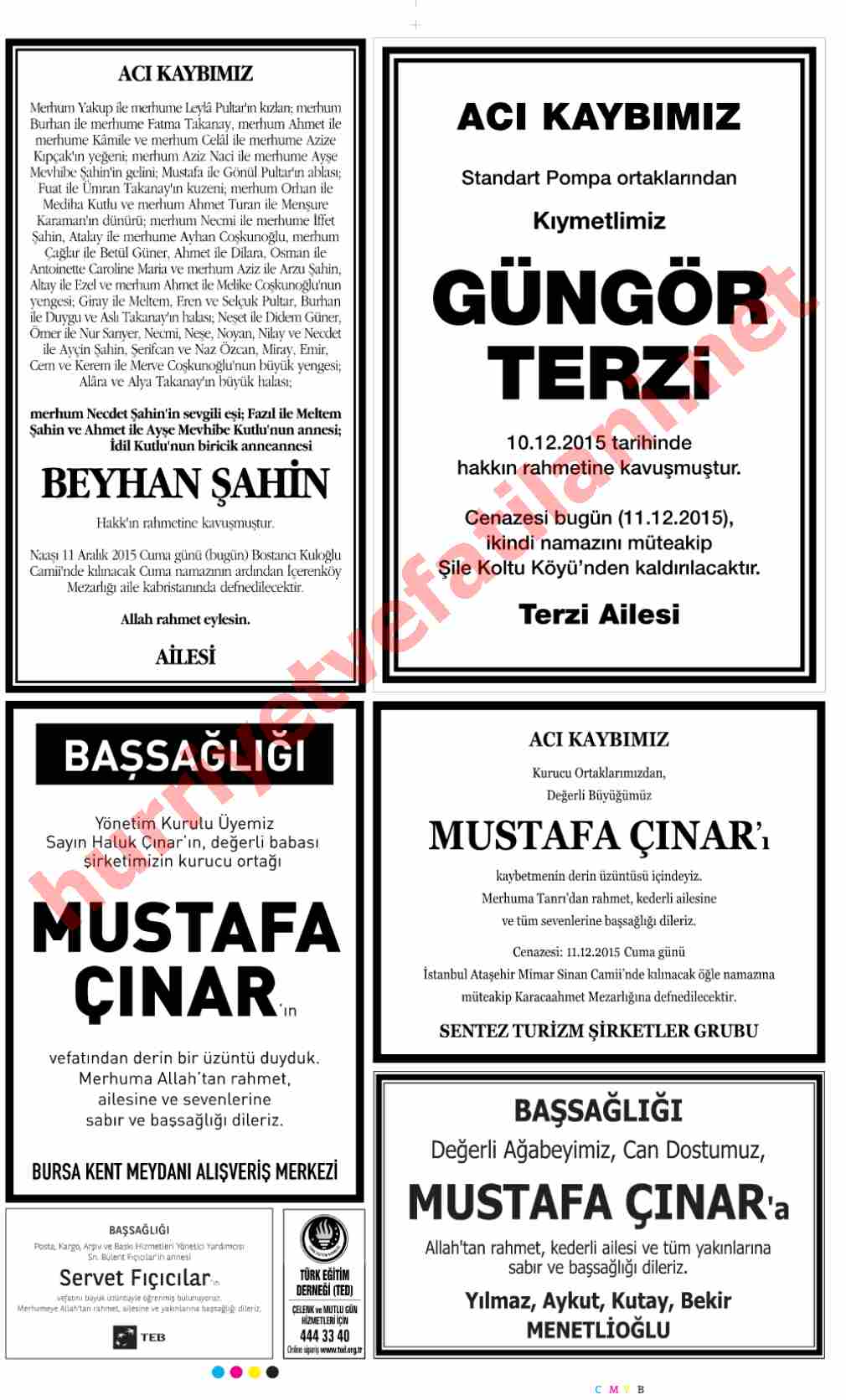 11 Aralık 2015 Hürriyet Gazetesinde Yayınlanmış Vefat İlanları Sayfası