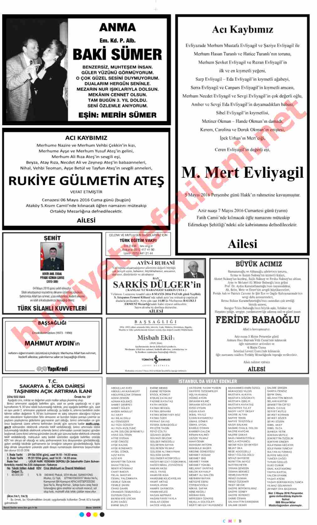 06 Mayıs 2016 Hürriyet Gazetesinde Yayınlanmış Vefat İlanları Sayfası