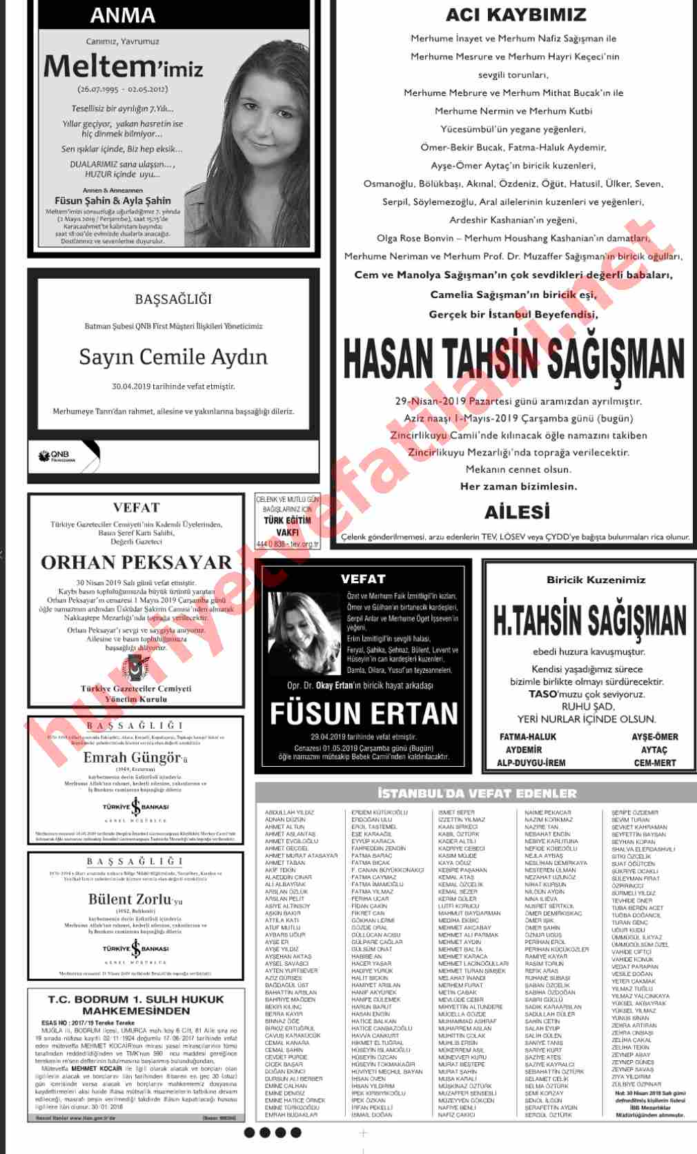 01 Mayıs 2019 Hürriyet Gazetesinde Yayınlanmış Vefat İlanları Sayfası