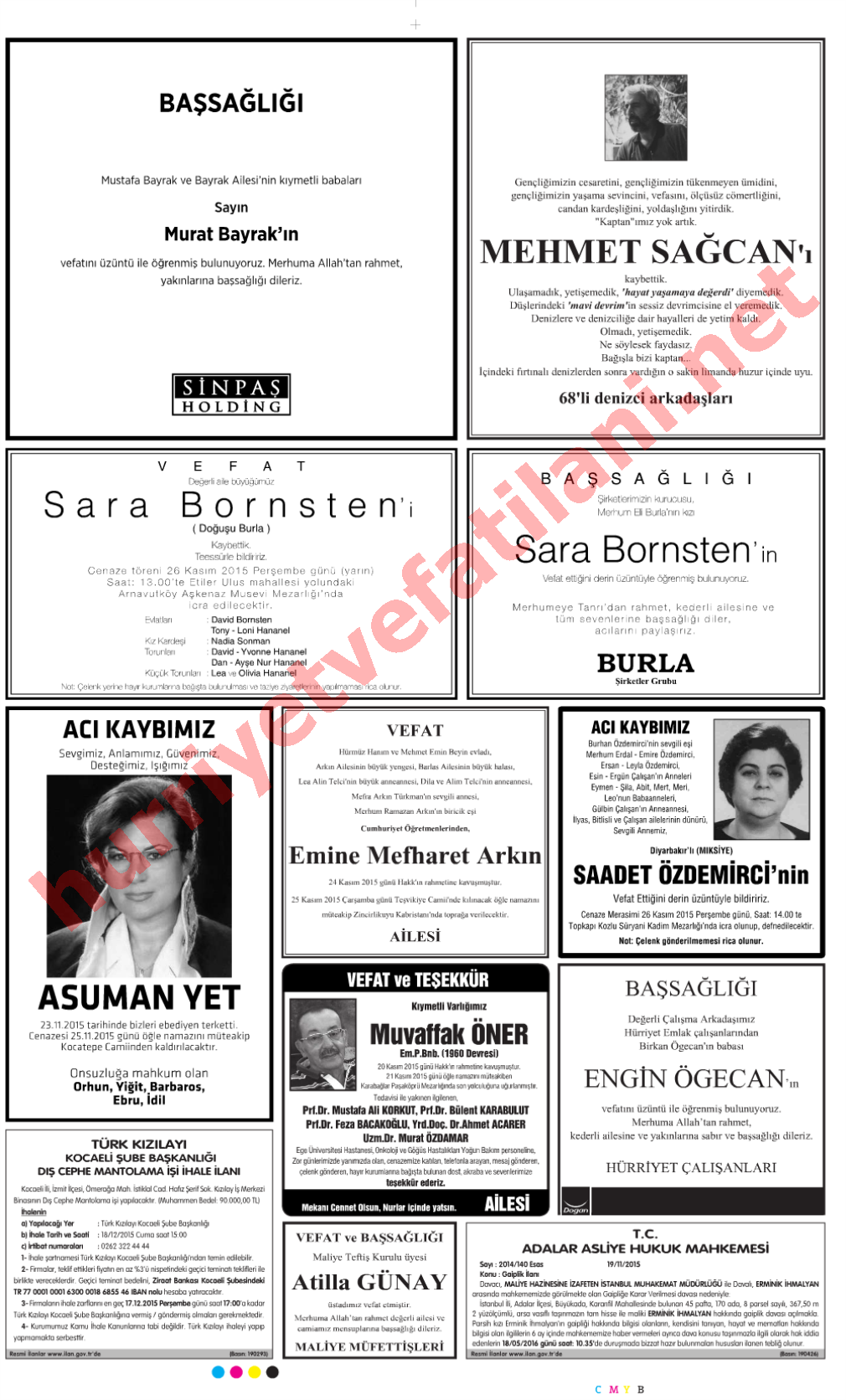 25 Kasım 2015 Çarşamba Günü Hürriyet Gazetesinde Yayınlanmış Vefat İlanları Sayfası