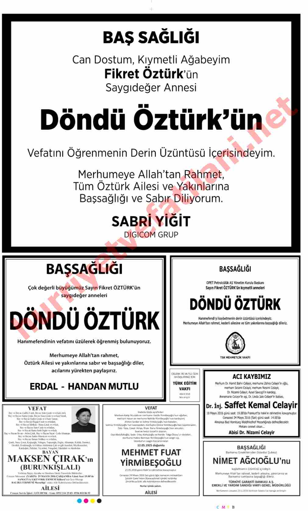 24 Mayıs 2016 Hürriyet Gazetesinde Yayınlanmış Vefat İlanları Sayfası