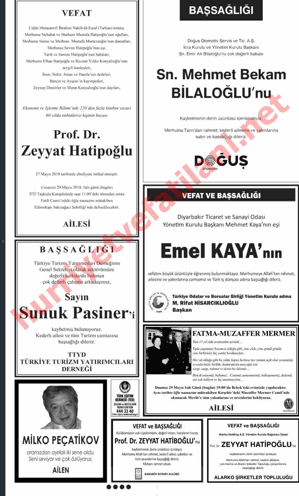 29 Mayıs 2018 Hürriyet Gazetesinde Yayınlanmış Vefat İlanları Sayfası
