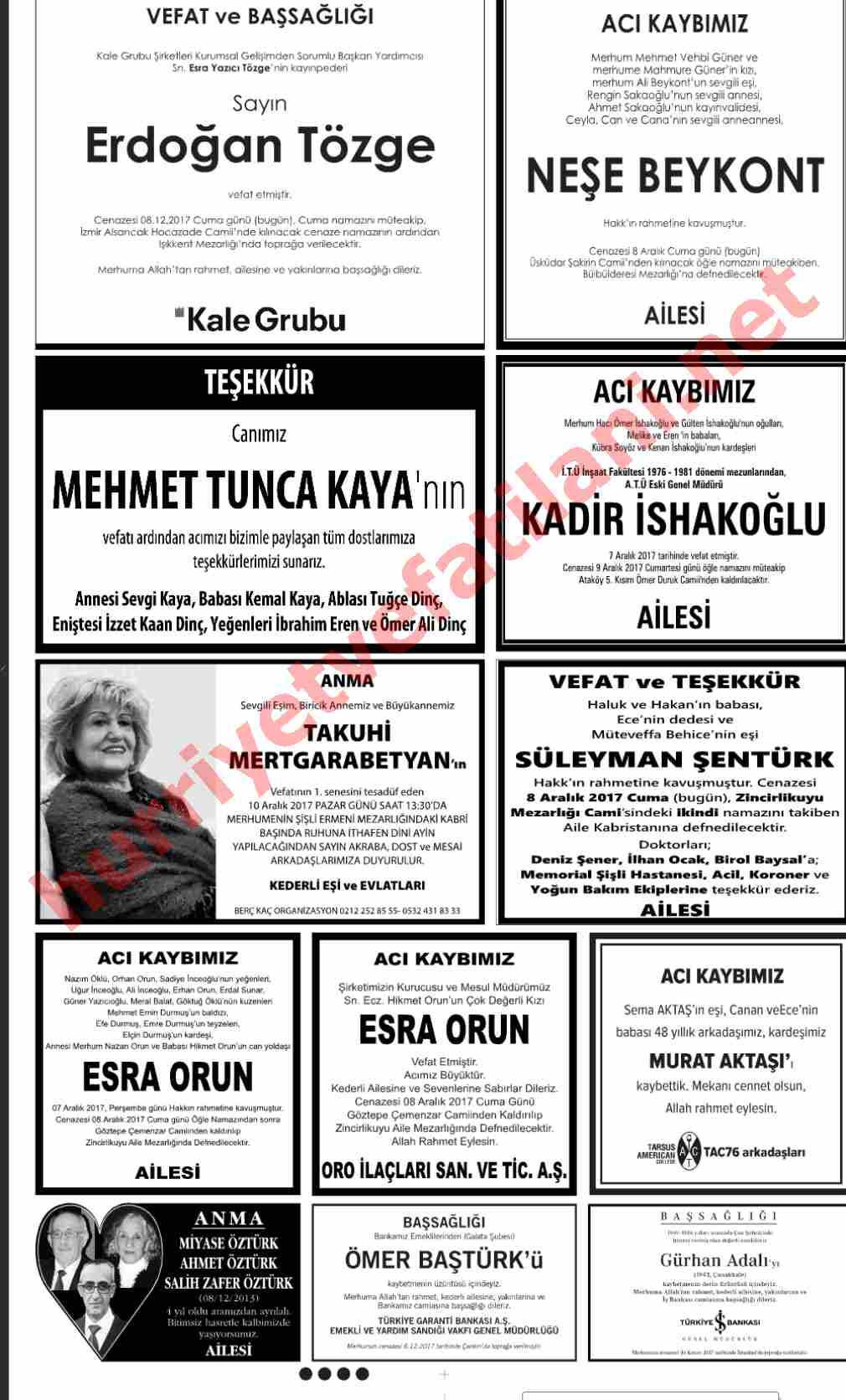08 Aralık 2017 Cuma Günü Hürriyet Gazetesinde Yayınlanmış Vefat İlanları Sayfası