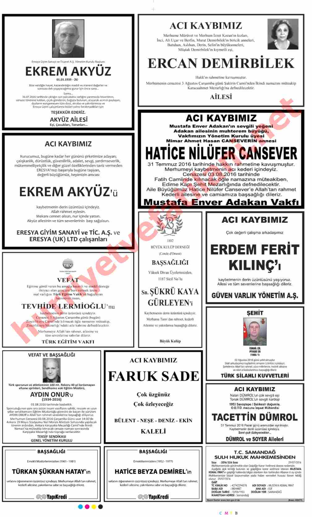 03 Ağustos 2016 Çarşamba Günü Hürriyet Gazetesinde Yayınlanmış Vefat İlanları Sayfası