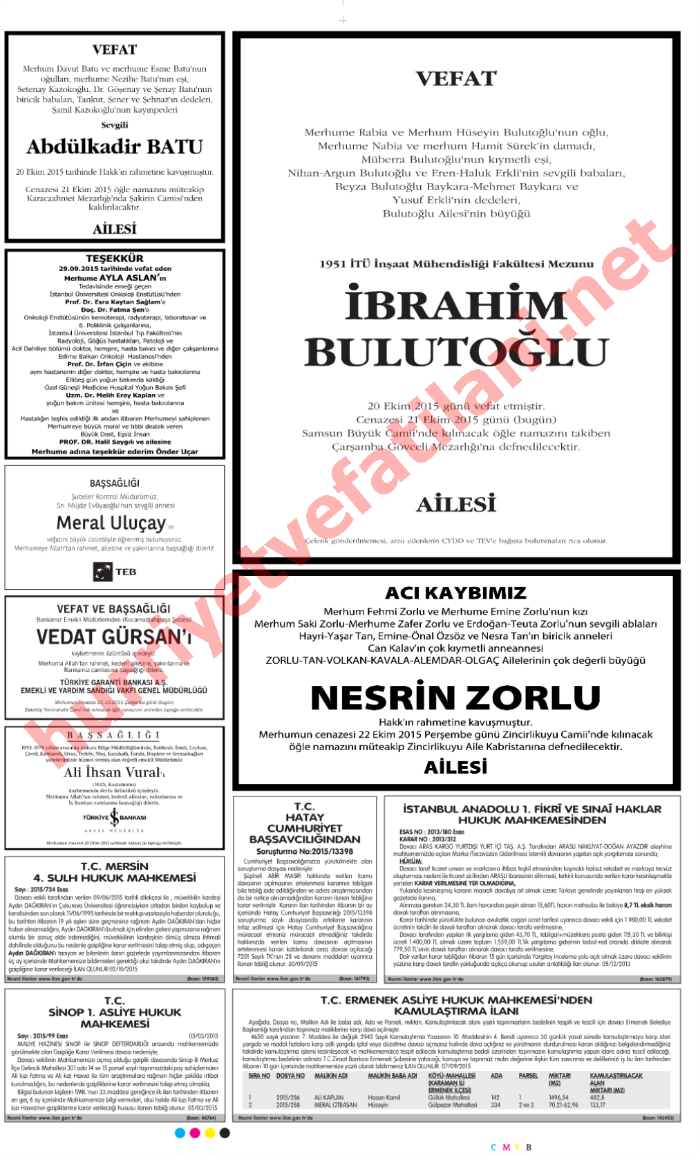 21 Ekim 2015 Hürriyet Gazetesinde Yayınlanmış Vefat İlanları Sayfası
