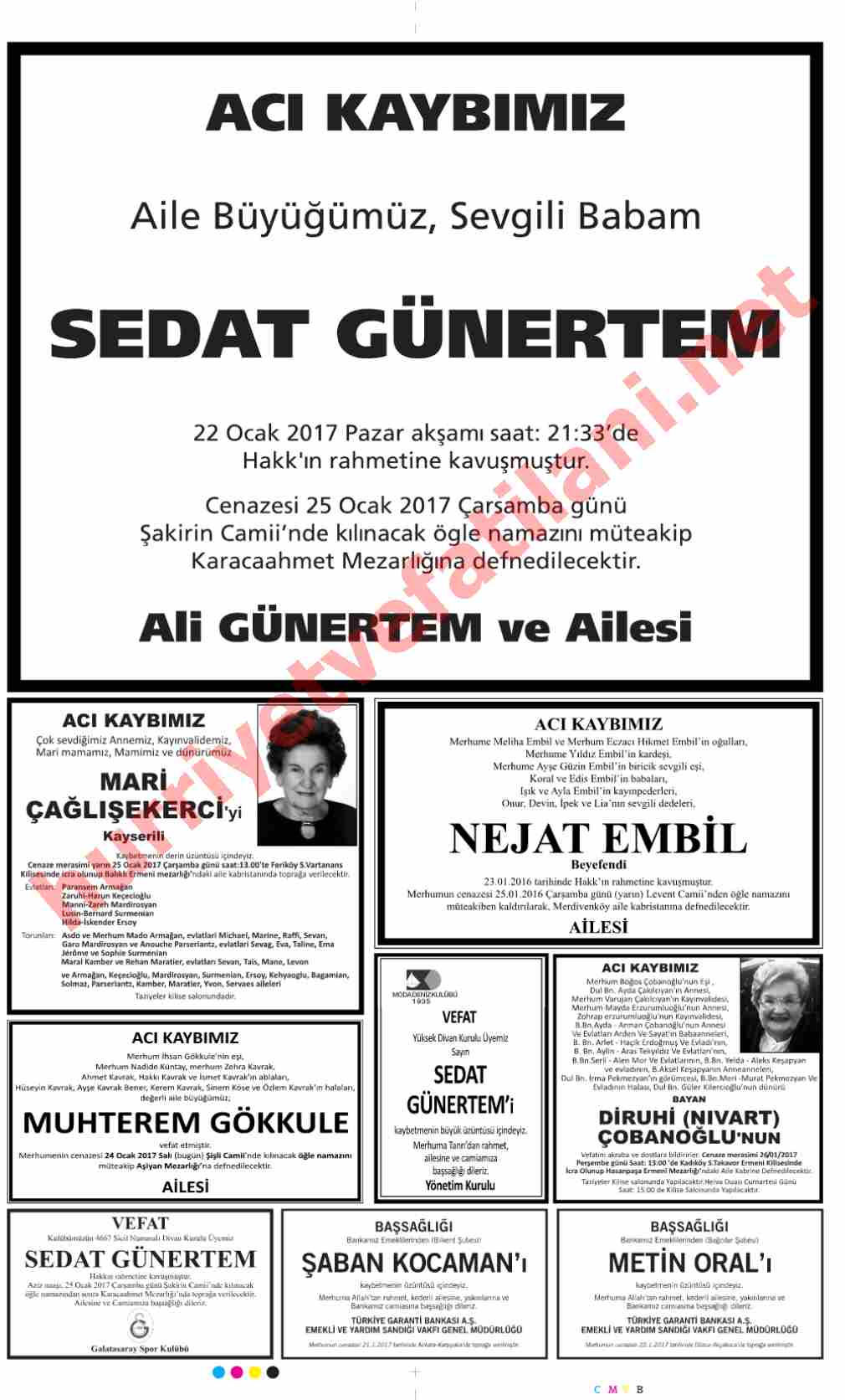 24 Ocak 2017 Salı Günü Hürriyet Gazetesinde Yayınlanmış Vefat İlanları Sayfası