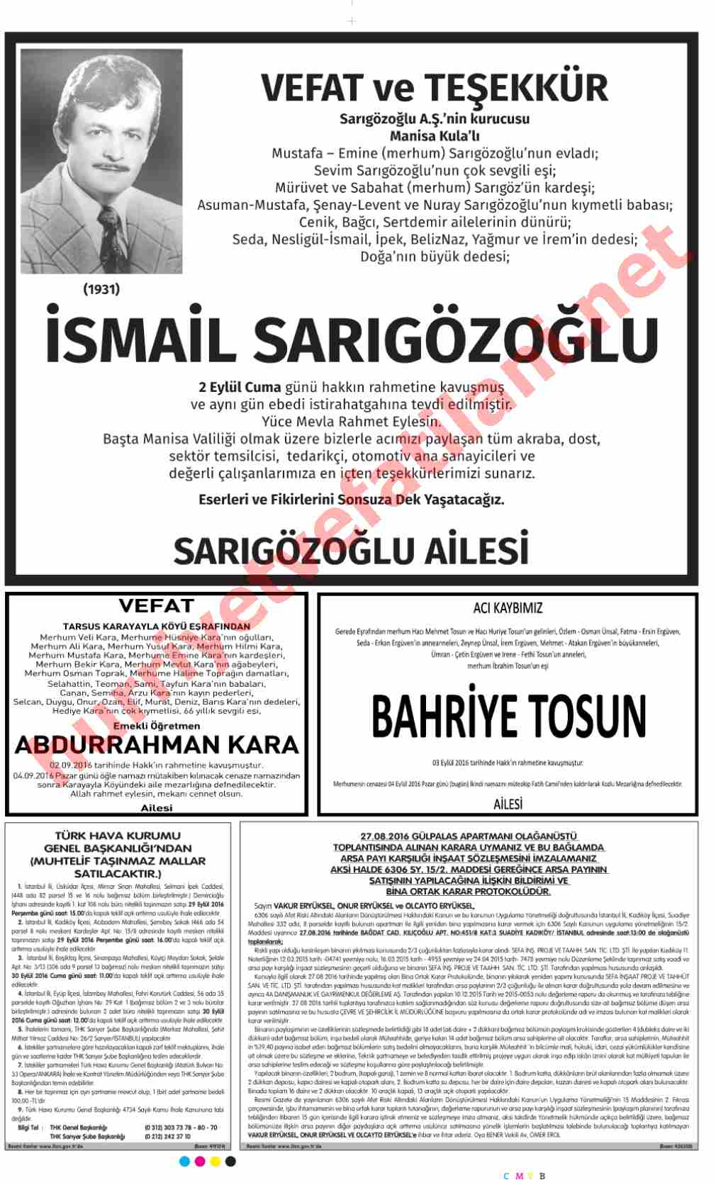 04 Eylül 2016 Pazar Günü Hürriyet Gazetesinde Yayınlanmış Vefat İlanları Sayfası