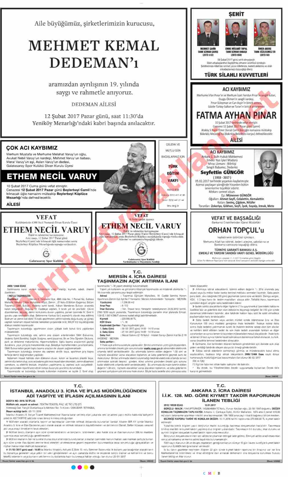 11 Şubat 2017 Hürriyet Gazetesinde Yayınlanmış Vefat İlanları Sayfası
