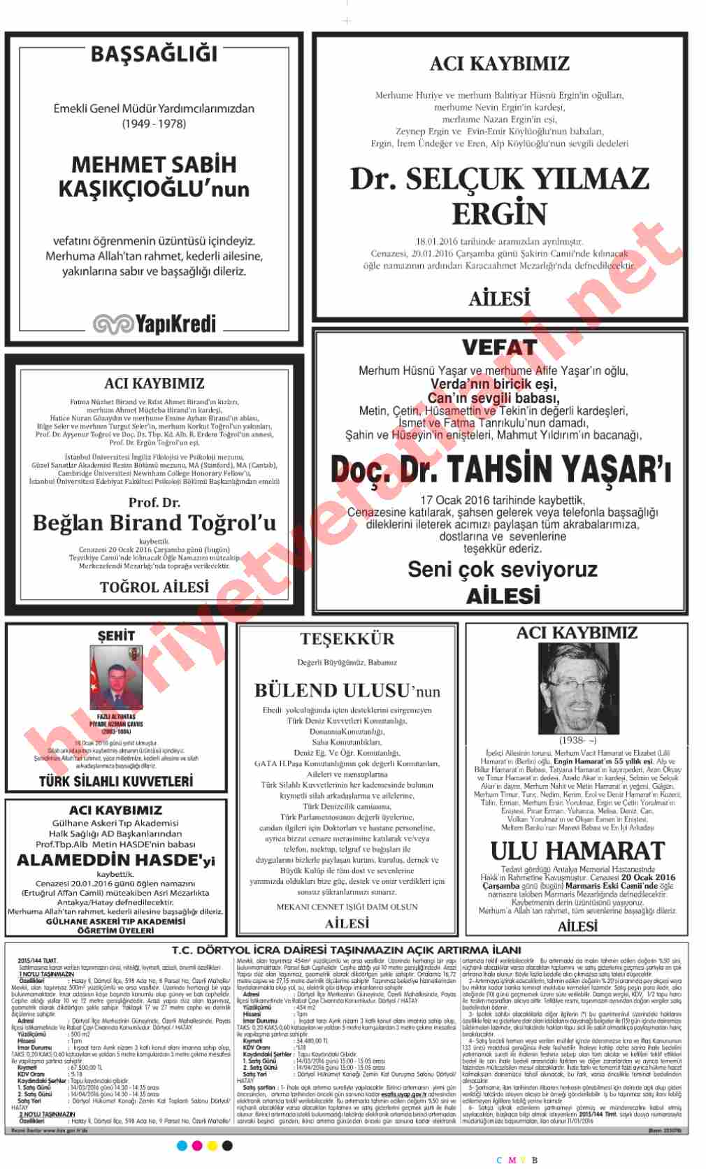20 Ocak 2016 Hürriyet Gazetesinde Yayınlanmış Vefat İlanları Sayfası