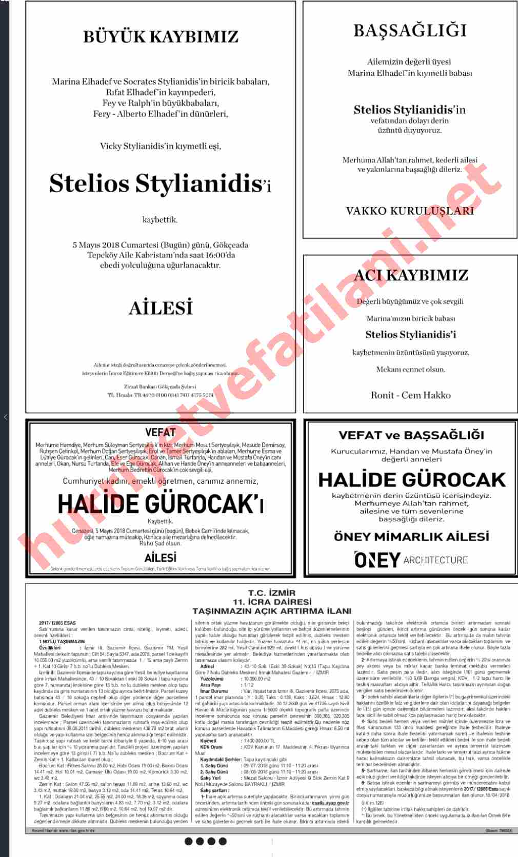 05 Mayıs 2018 Hürriyet Gazetesinde Yayınlanmış Vefat İlanları Sayfası