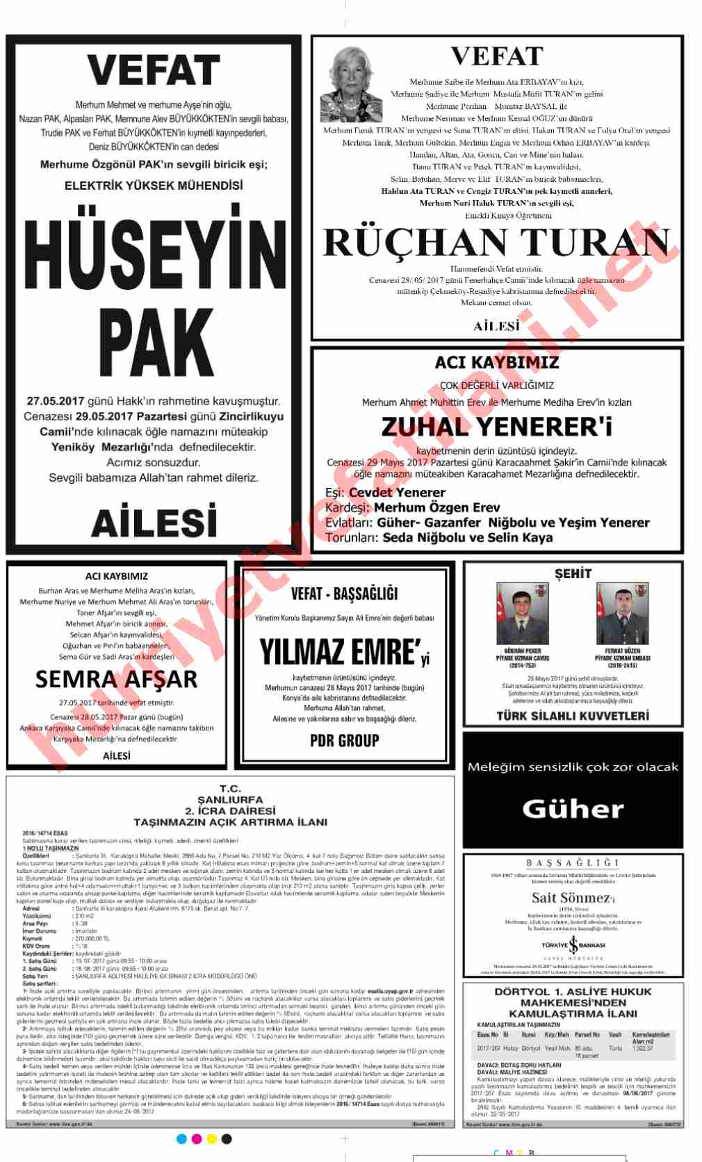 28 Mayıs 2017 Pazar Günü Hürriyet Gazetesinde Yayınlanmış Vefat İlanları Sayfası