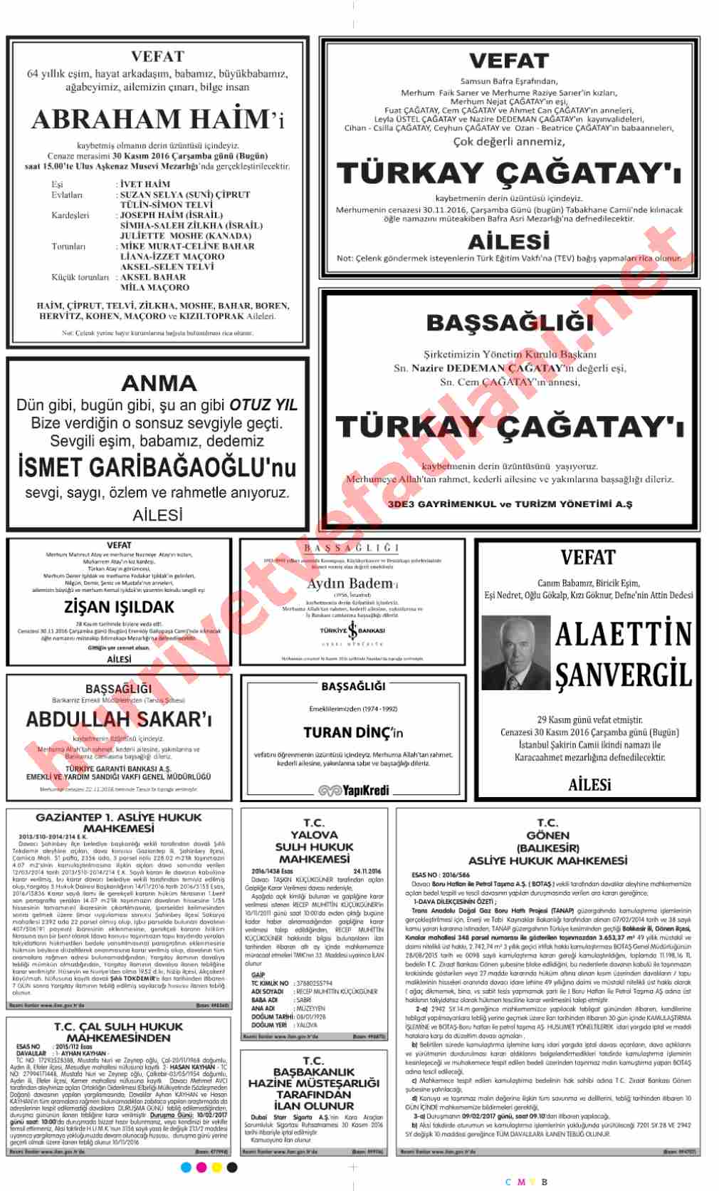 30 Kasım 2016 Çarşamba Günü Hürriyet Gazetesinde Yayınlanmış Vefat İlanları Sayfası