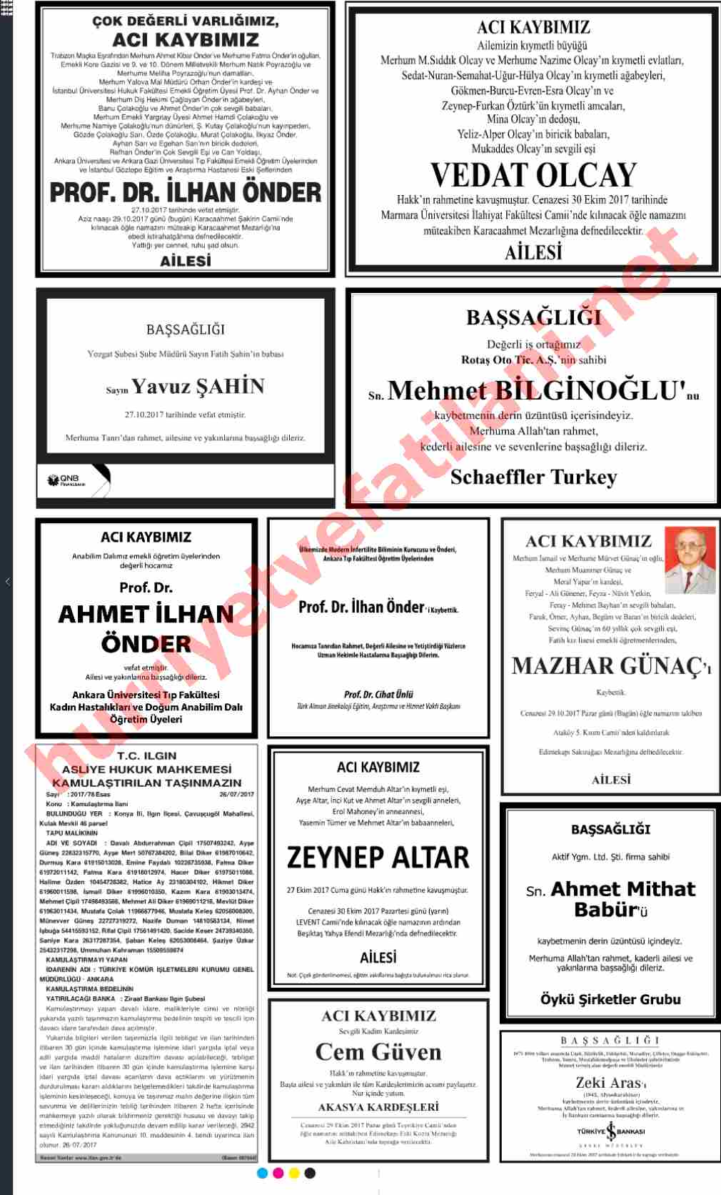 29 Ekim 2017 Pazar Günü Hürriyet Gazetesinde Yayınlanmış Vefat İlanları Sayfası