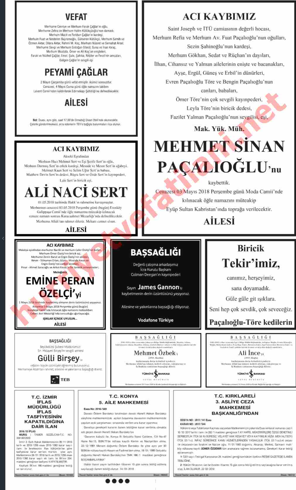 03 Mayıs 2018 Perşembe Günü Hürriyet Gazetesinde Yayınlanmış Vefat İlanları Sayfası