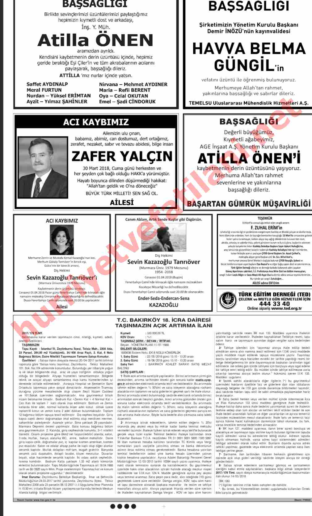 01 Nisan 2018 Hürriyet Gazetesinde Yayınlanmış Vefat İlanları Sayfası