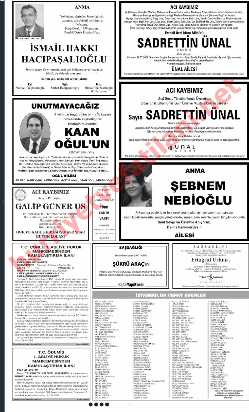 28 Temmuz 2018 Hürriyet Gazetesinde Yayınlanmış Vefat İlanları Sayfası