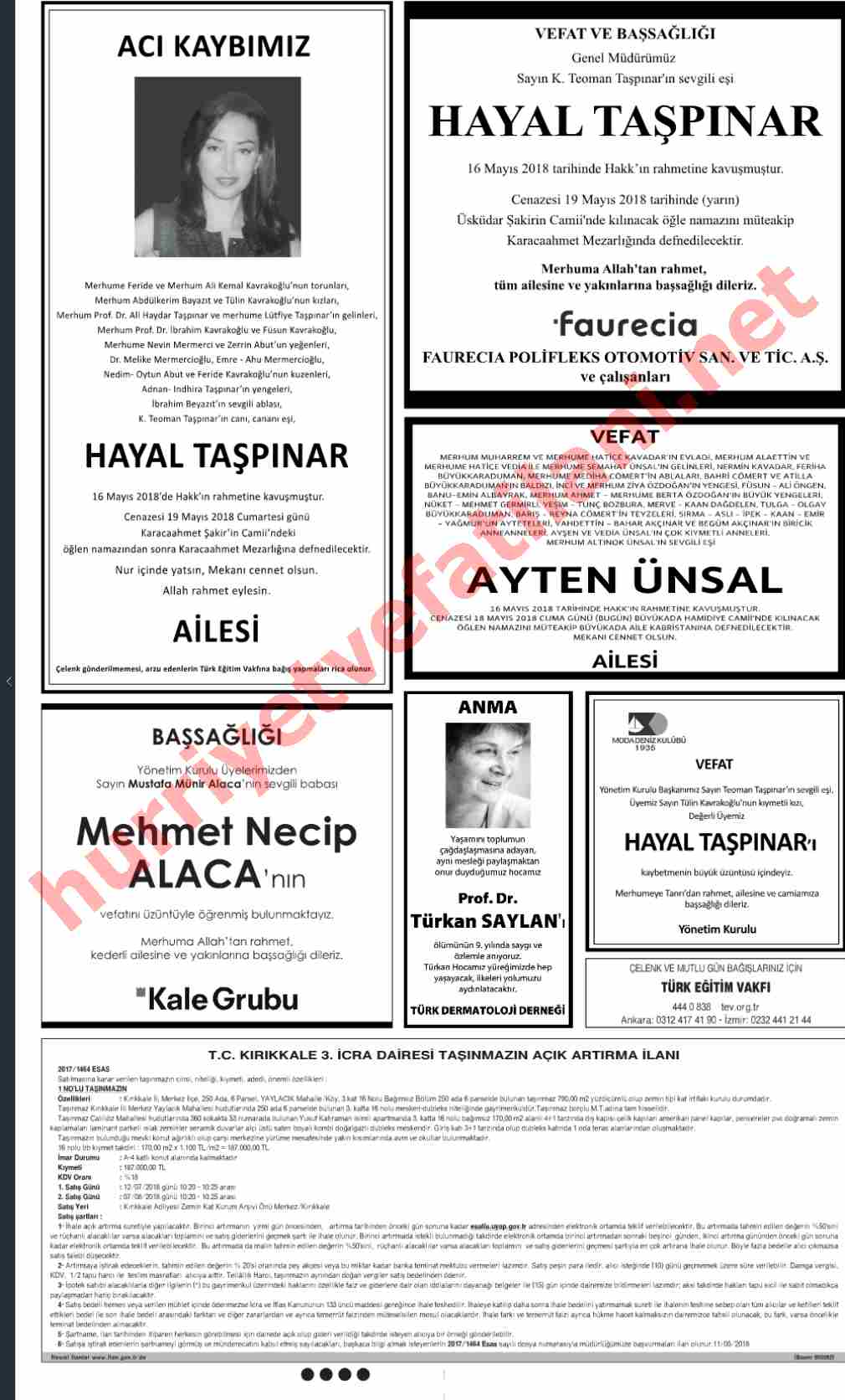 18 Mayıs 2018 Hürriyet Gazetesinde Yayınlanmış Vefat İlanları Sayfası