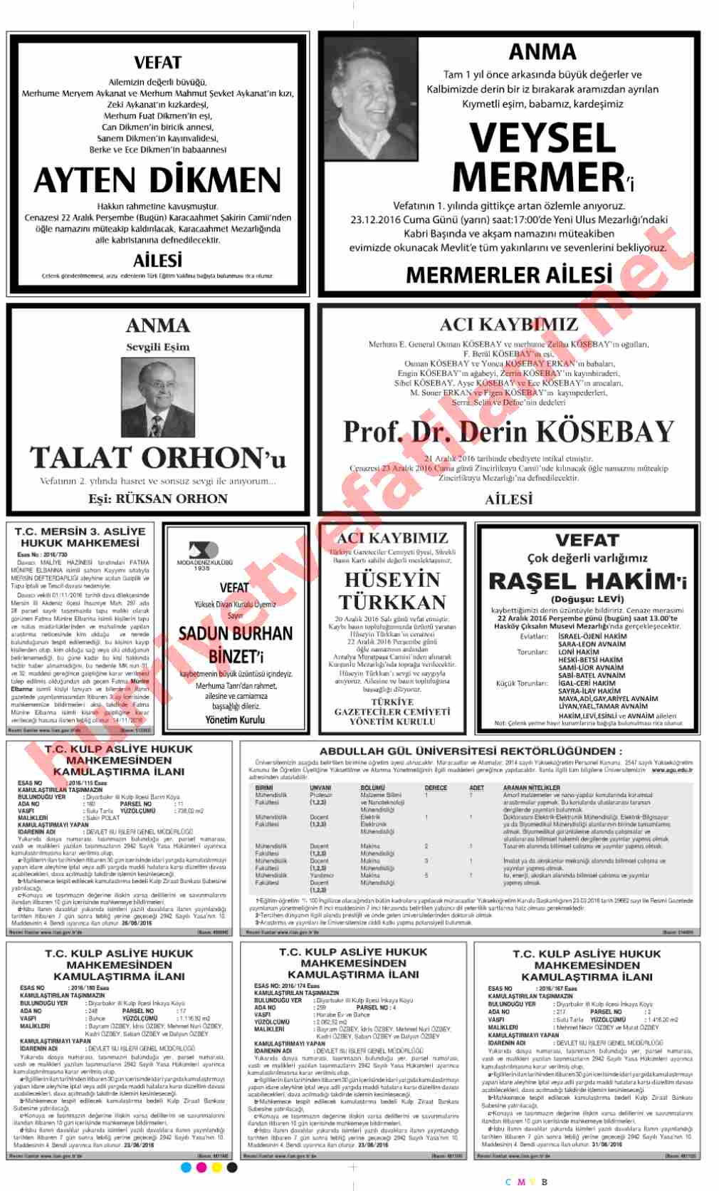 22 Aralık 2016 Perşembe Günü Hürriyet Gazetesinde Yayınlanmış Vefat İlanları Sayfası