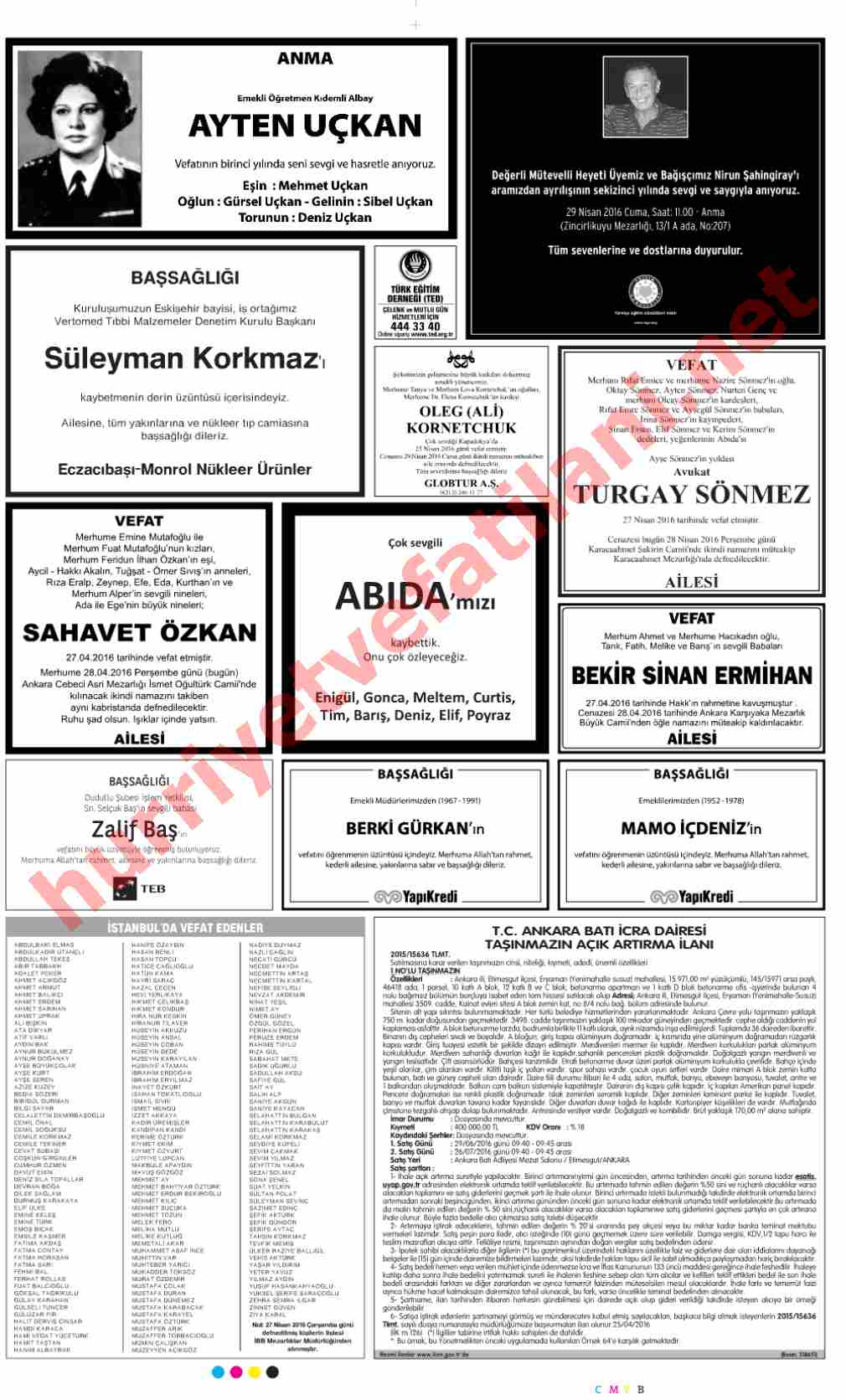 28 Nisan 2016 Perşembe Günü Hürriyet Gazetesinde Yayınlanmış Vefat İlanları Sayfası