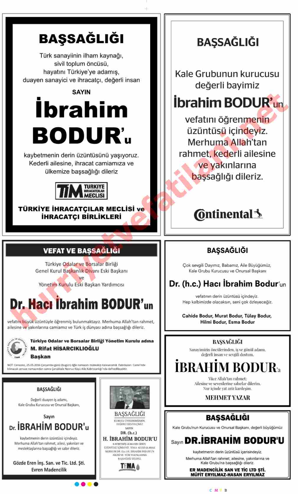 25 Mayıs 2016 Çarşamba Günü Hürriyet Gazetesinde Yayınlanmış Vefat İlanları Sayfası