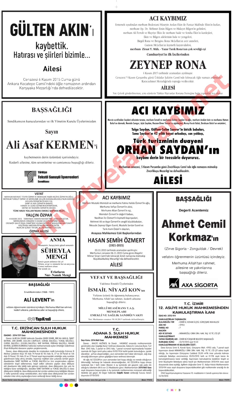 05 Kasım 2015 Hürriyet Gazetesinde Yayınlanmış Vefat İlanları Sayfası