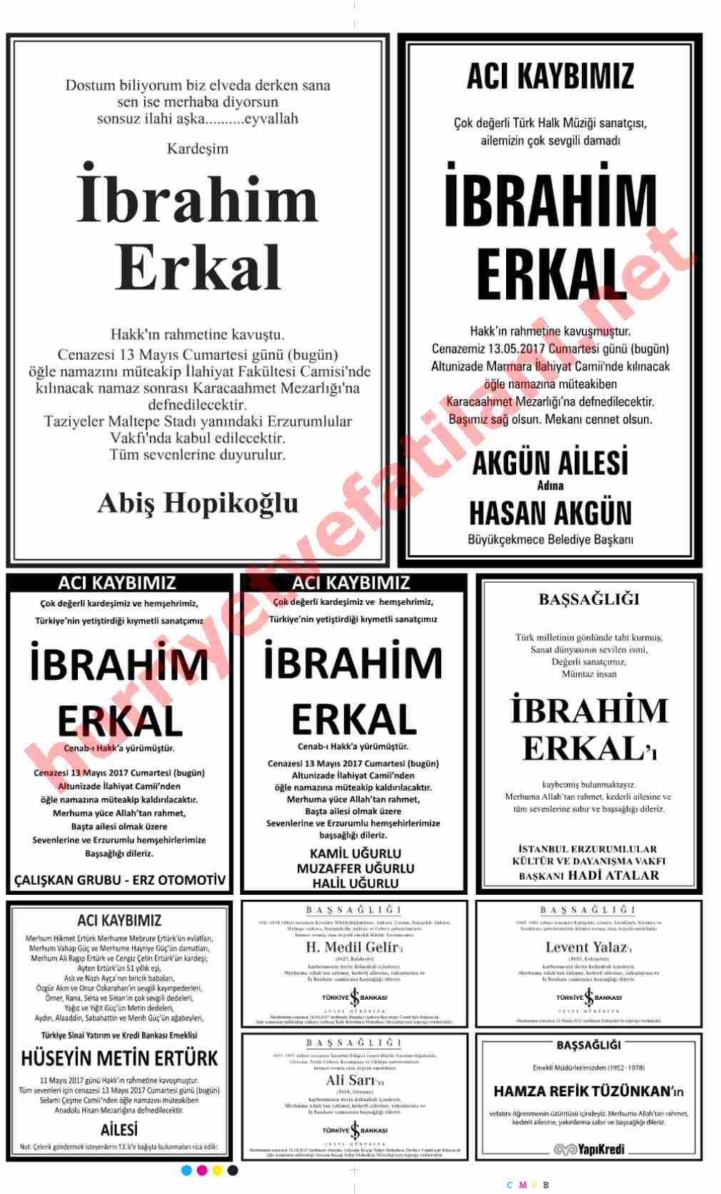 13 Mayıs 2017 Cumartesi Günü Hürriyet Gazetesinde Yayınlanmış Vefat İlanları Sayfası