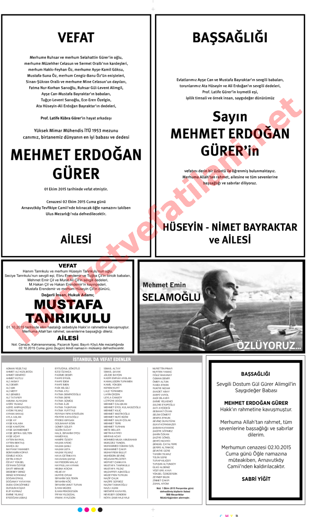02 Ekim 2015 Hürriyet Gazetesinde Yayınlanmış Vefat İlanları Sayfası