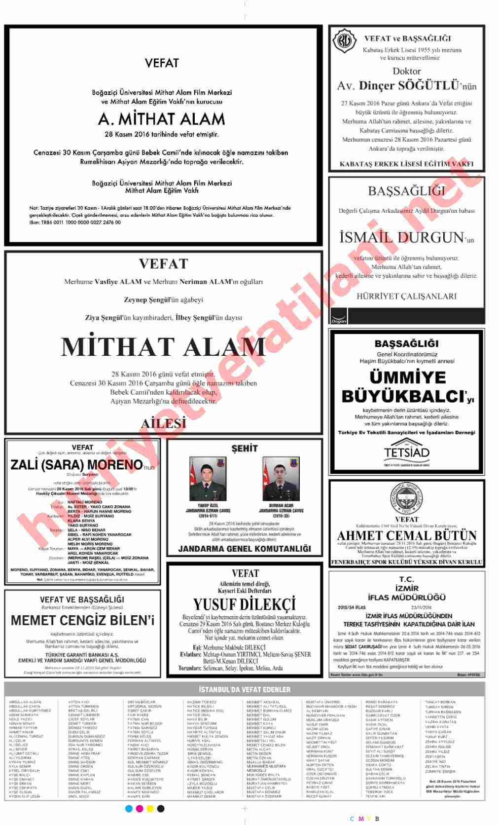29 Kasım 2016 Hürriyet Gazetesinde Yayınlanmış Vefat İlanları Sayfası