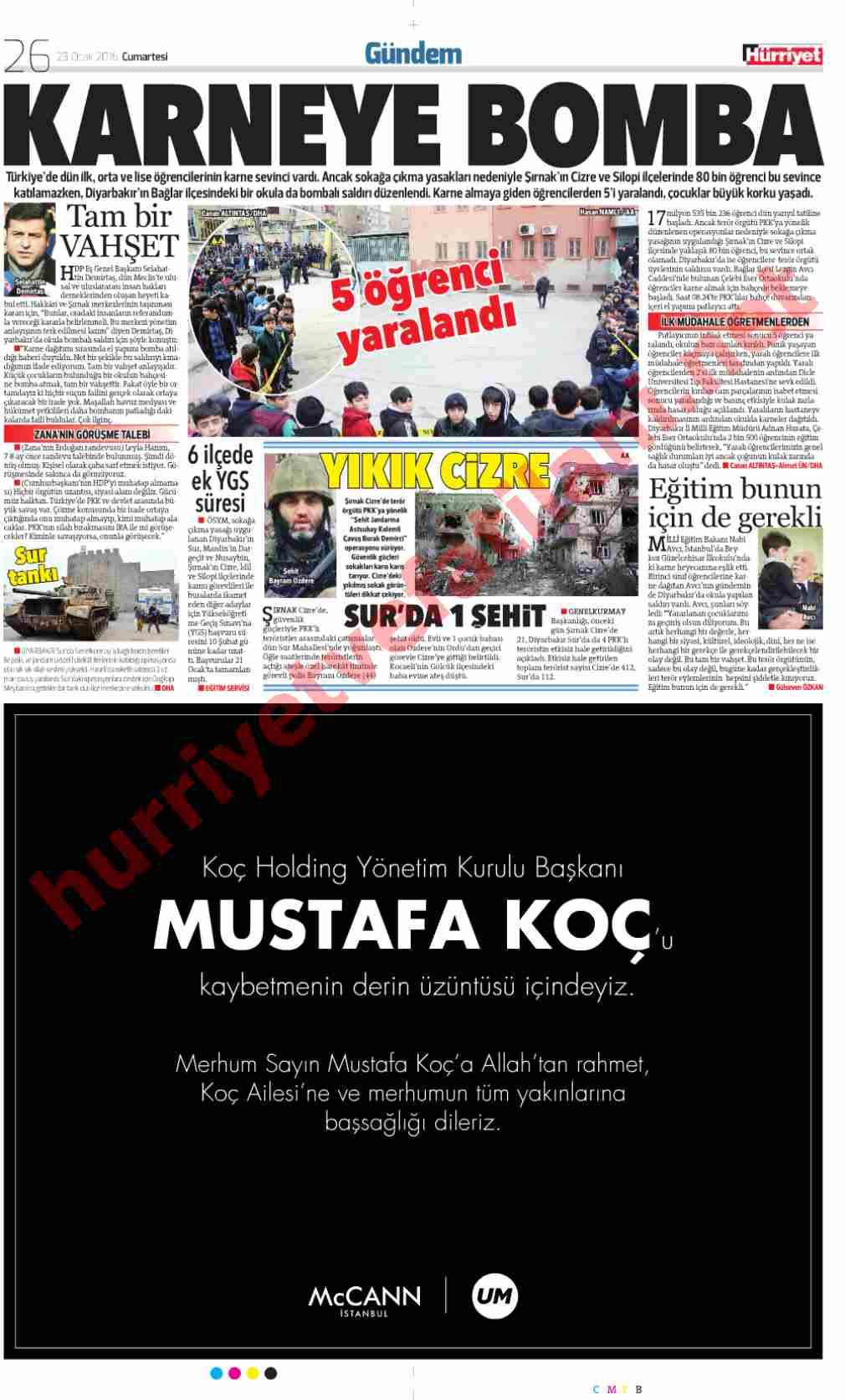 23 Ocak 2016 Cumartesi Günü Hürriyet Gazetesinde Yayınlanmış Vefat İlanları Sayfası