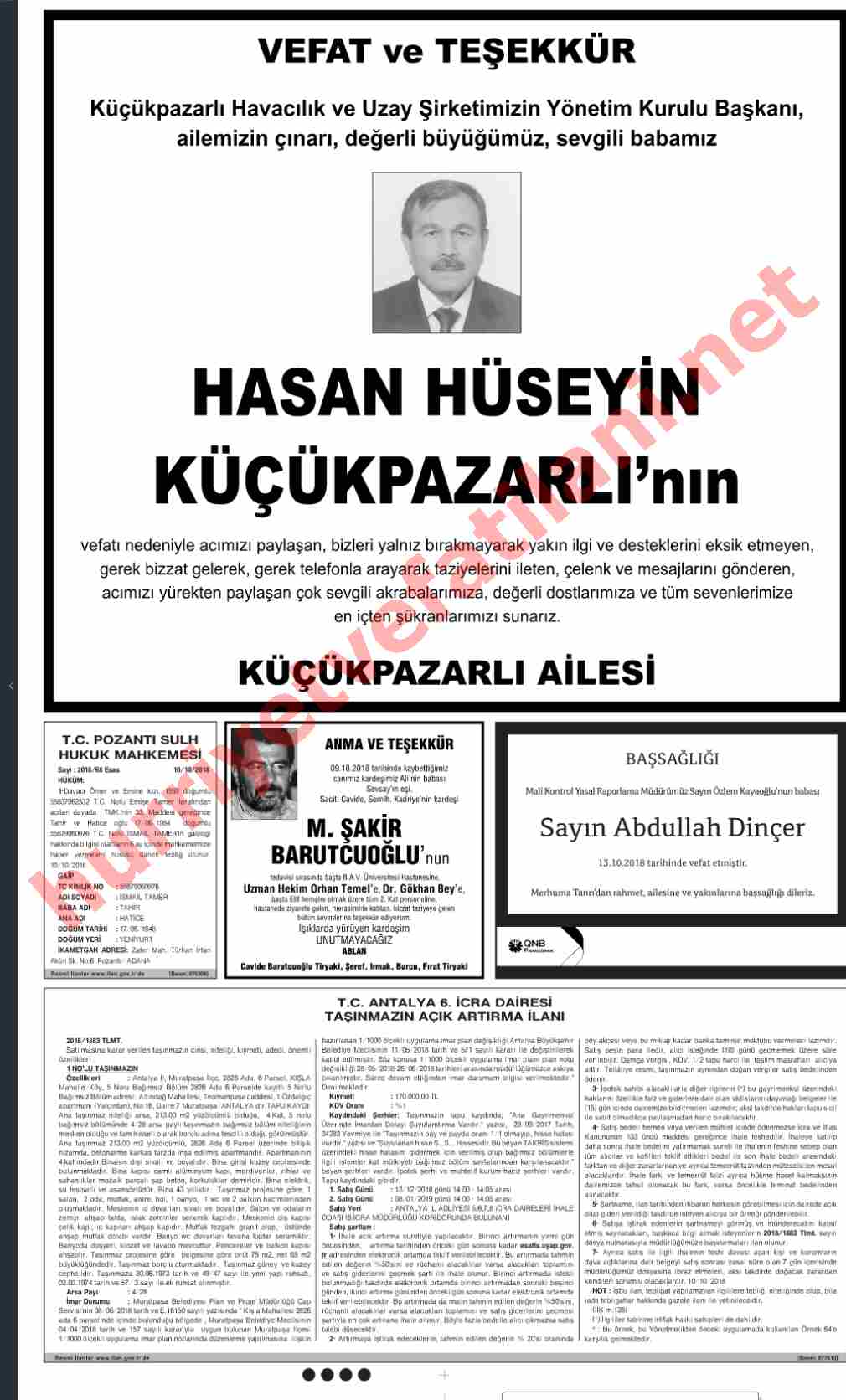16 Ekim 2018 Hürriyet Gazetesinde Yayınlanmış Vefat İlanları Sayfası
