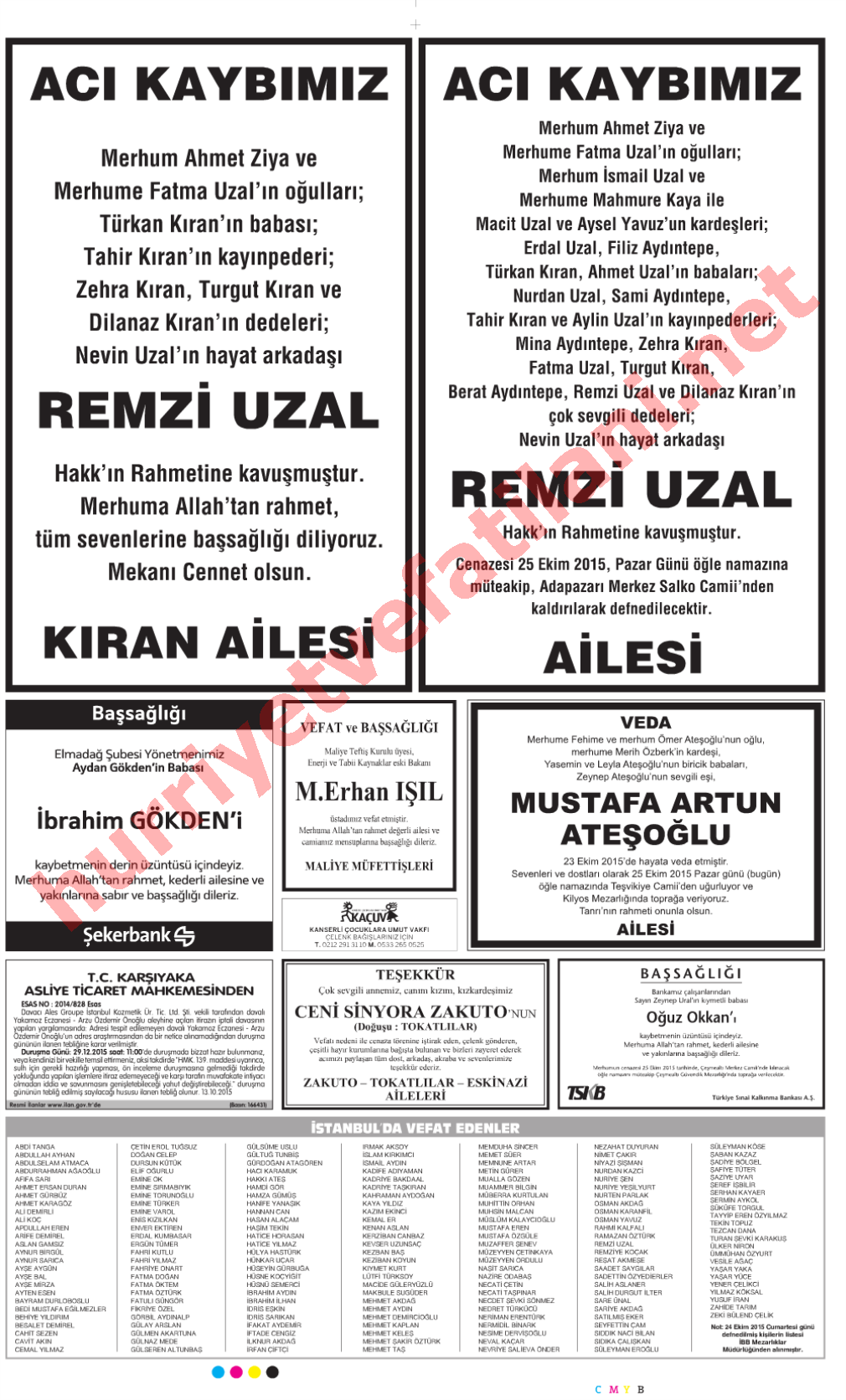25 Ekim 2015 Hürriyet Gazetesinde Yayınlanmış Vefat İlanları Sayfası