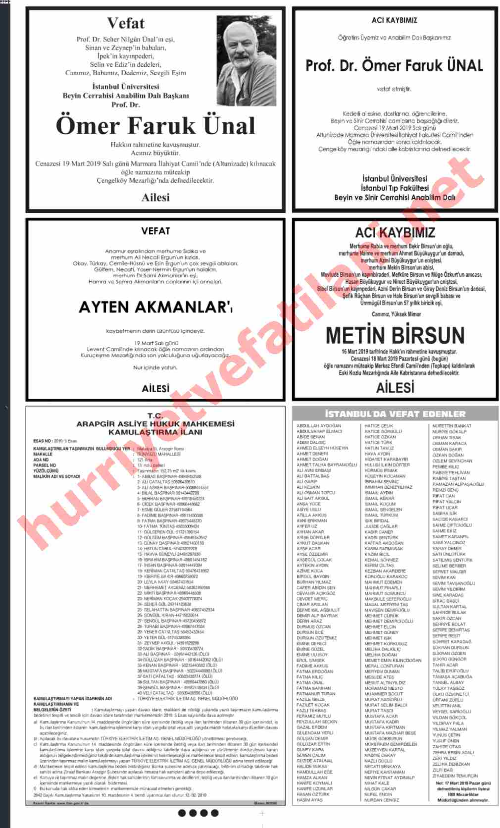 18 mart 2019 hurriyet gazetesinde yayinlanmis vefat ilanlari sayfasi