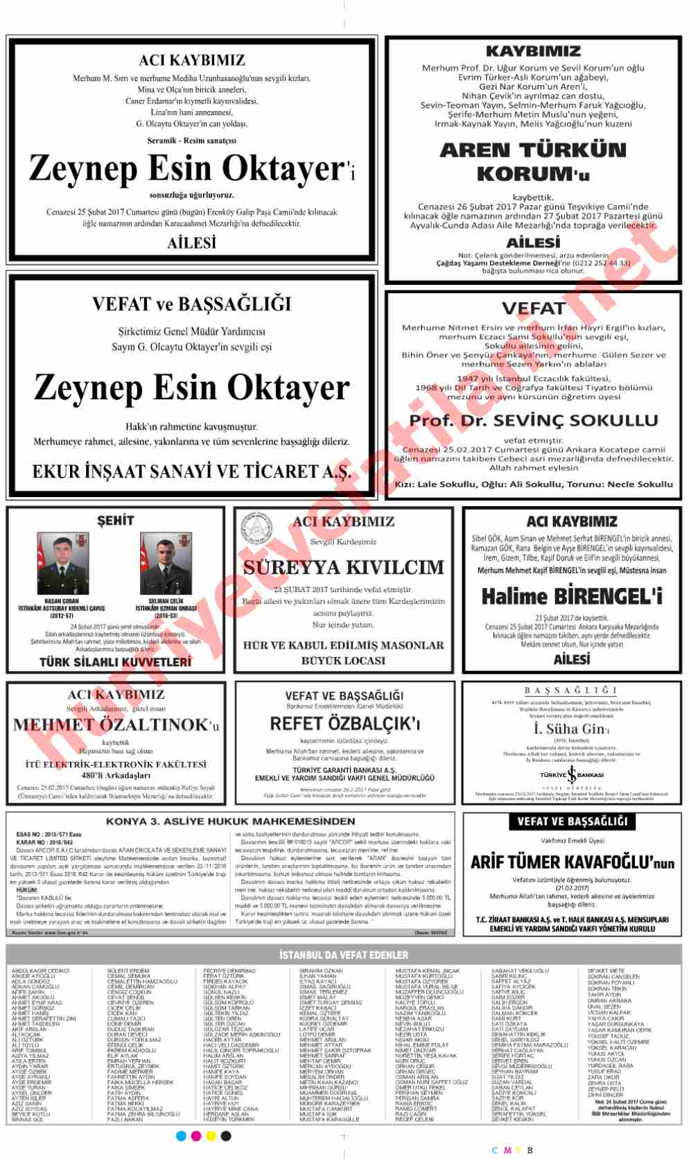 25 Şubat 2017 Cumartesi Günü Hürriyet Gazetesinde Yayınlanmış Vefat İlanları Sayfası