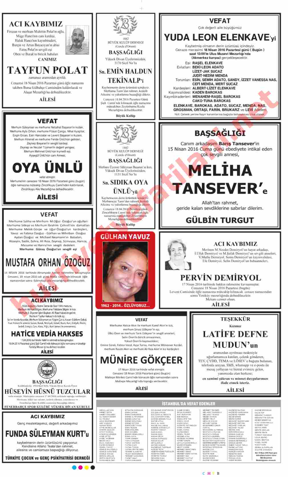 18 Nisan 2016 Hürriyet Gazetesinde Yayınlanmış Vefat İlanları Sayfası