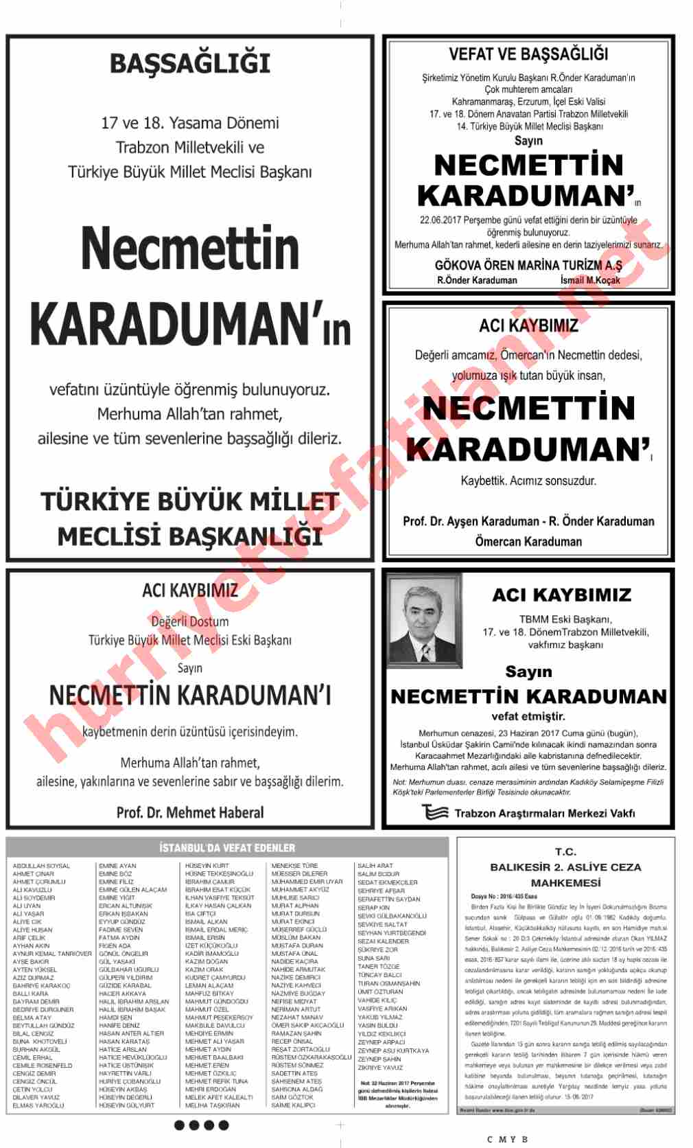 23 Haziran 2017 Cuma Günü Hürriyet Gazetesinde Yayınlanmış Vefat İlanları Sayfası