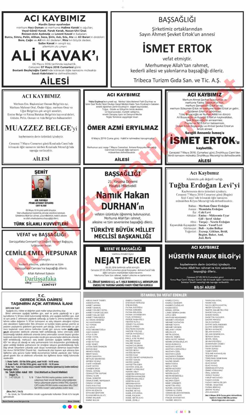 07 Mayıs 2016 Cumartesi Günü Hürriyet Gazetesinde Yayınlanmış Vefat İlanları Sayfası