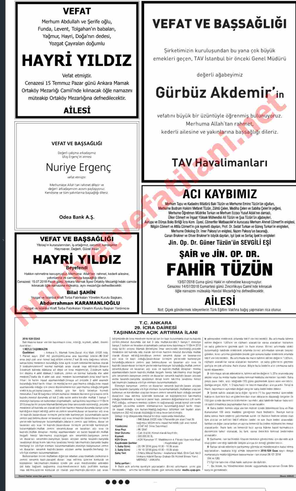 14 Temmuz 2018 Hürriyet Gazetesinde Yayınlanmış Vefat İlanları Sayfası