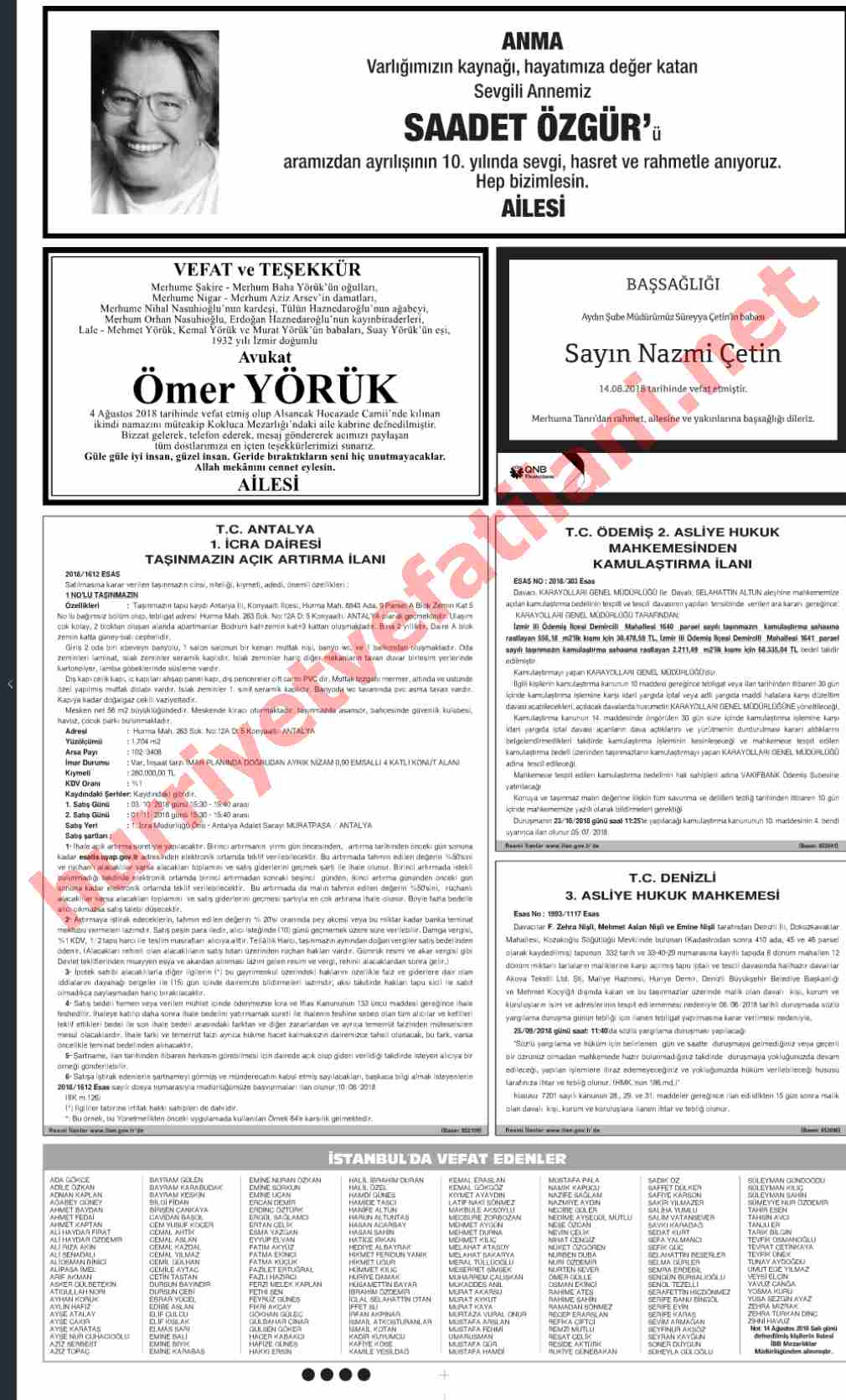 15 Ağustos 2018 Hürriyet Gazetesinde Yayınlanmış Vefat İlanları Sayfası