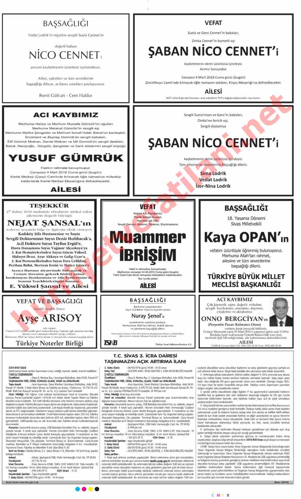 04 Mart 2016 Hürriyet Gazetesinde Yayınlanmış Vefat İlanları Sayfası