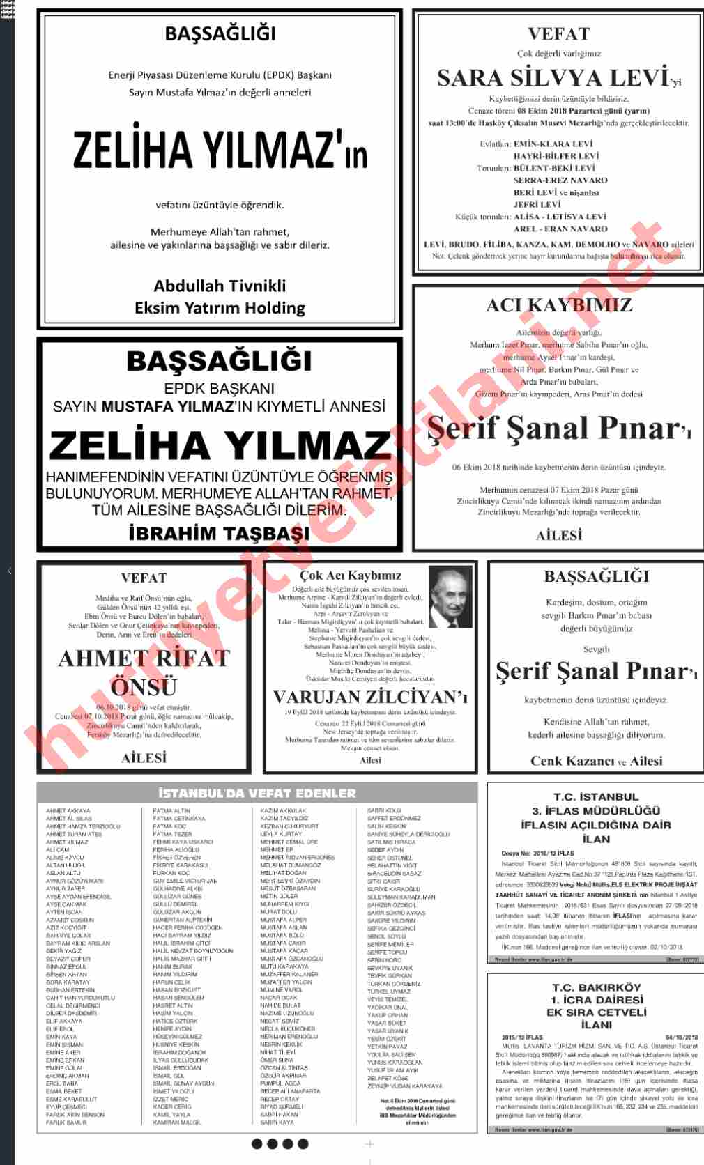 07 Ekim 2018 Hürriyet Gazetesinde Yayınlanmış Vefat İlanları Sayfası