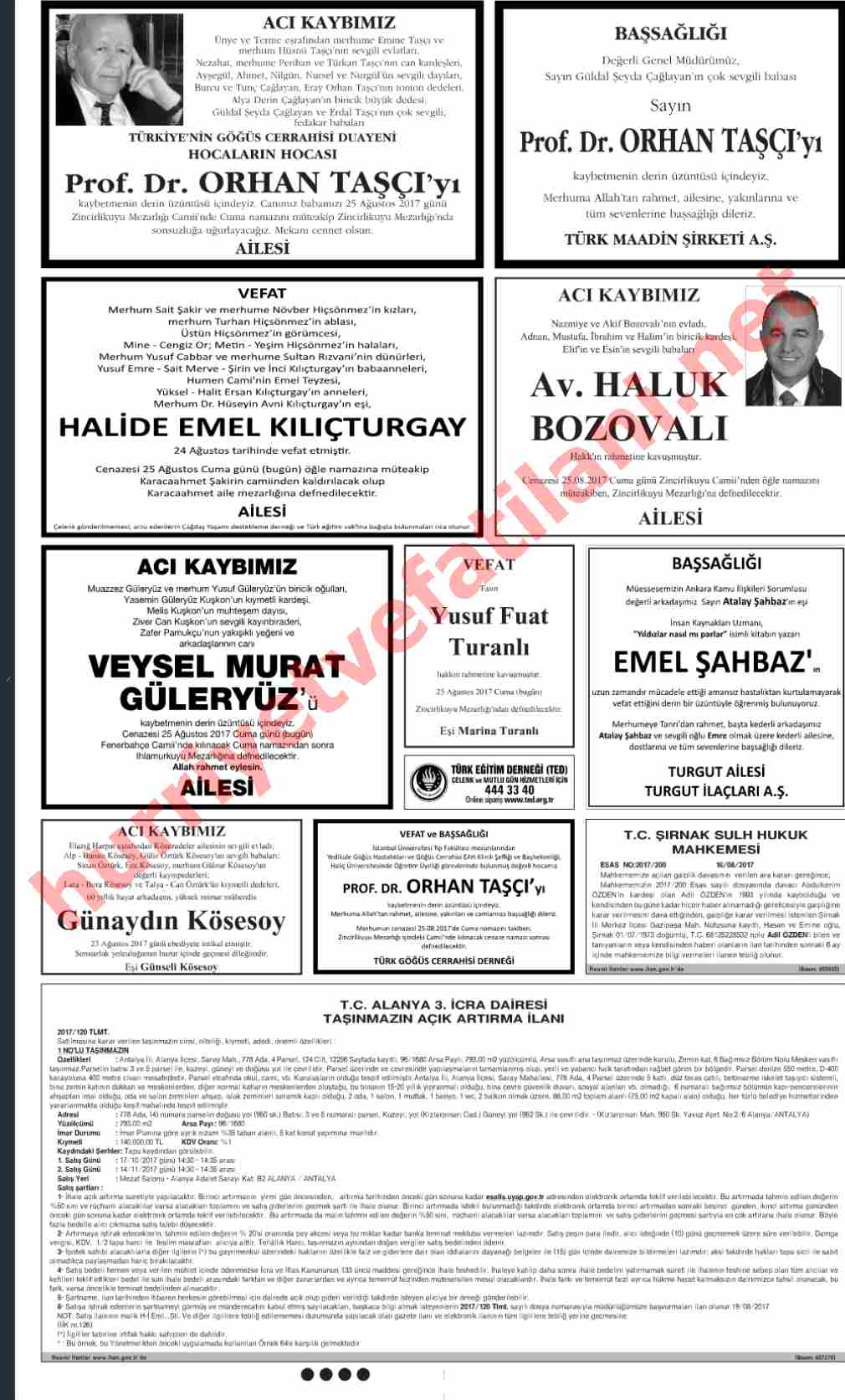 25 Ağustos 2017 Hürriyet Gazetesinde Yayınlanmış Vefat İlanları Sayfası