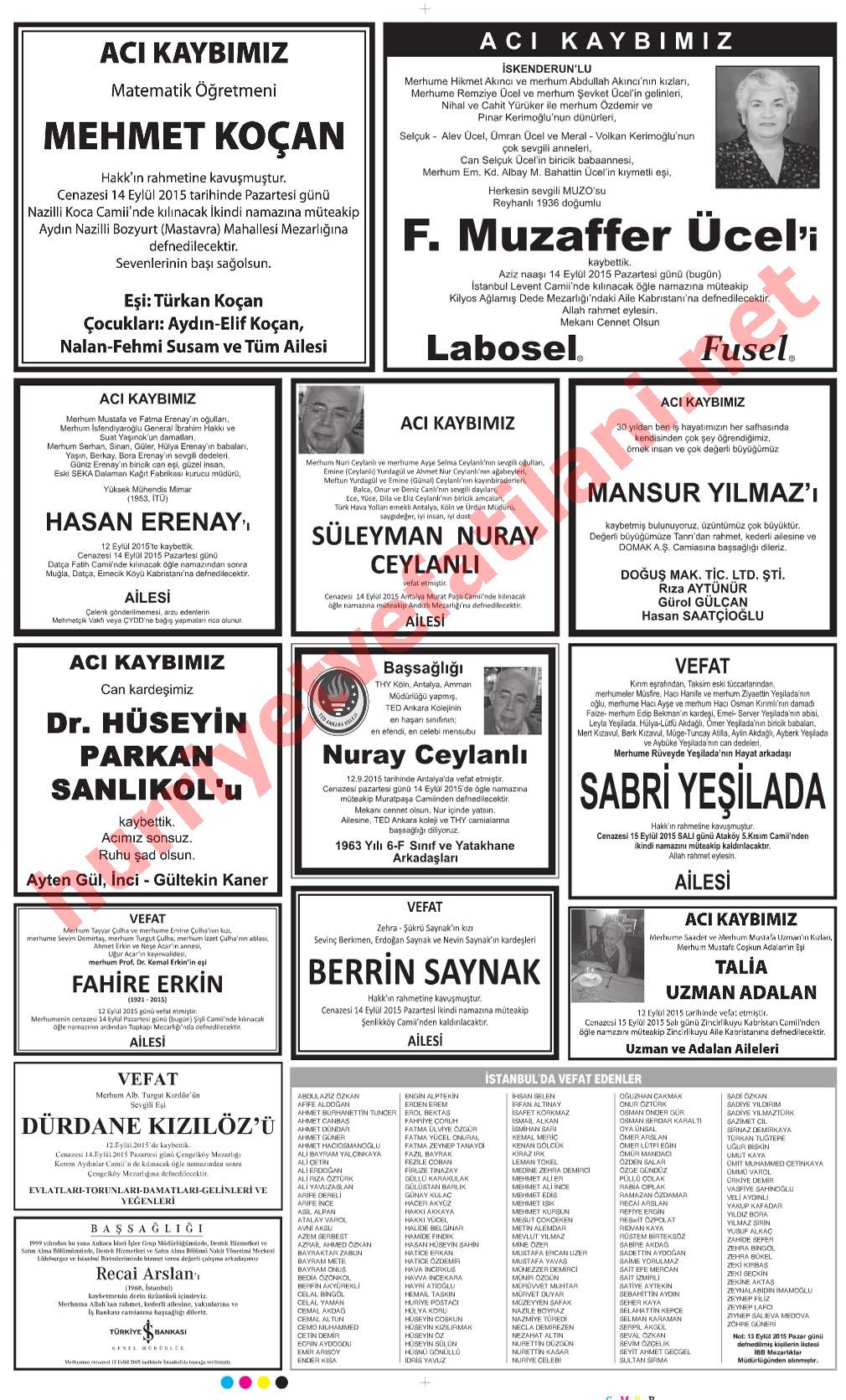 14 Eylül 2015 Pazartesi Günü Hürriyet Gazetesinde Yayınlanmış Vefat İlanları Sayfası