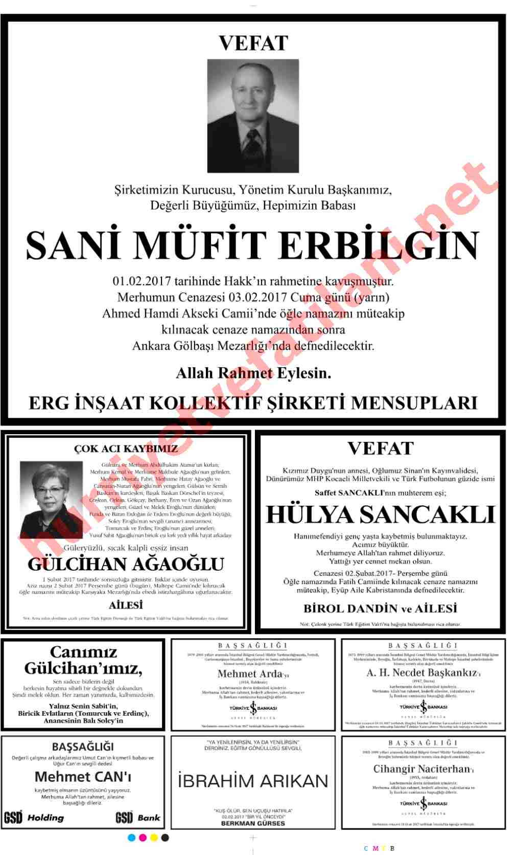 02 Şubat 2017 Perşembe Günü Hürriyet Gazetesinde Yayınlanmış Vefat İlanları Sayfası