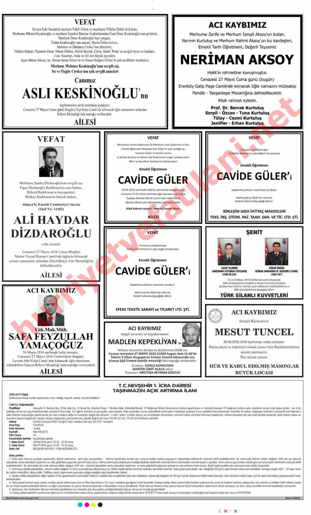 27 Mayıs 2016 Hürriyet Gazetesinde Yayınlanmış Vefat İlanları Sayfası
